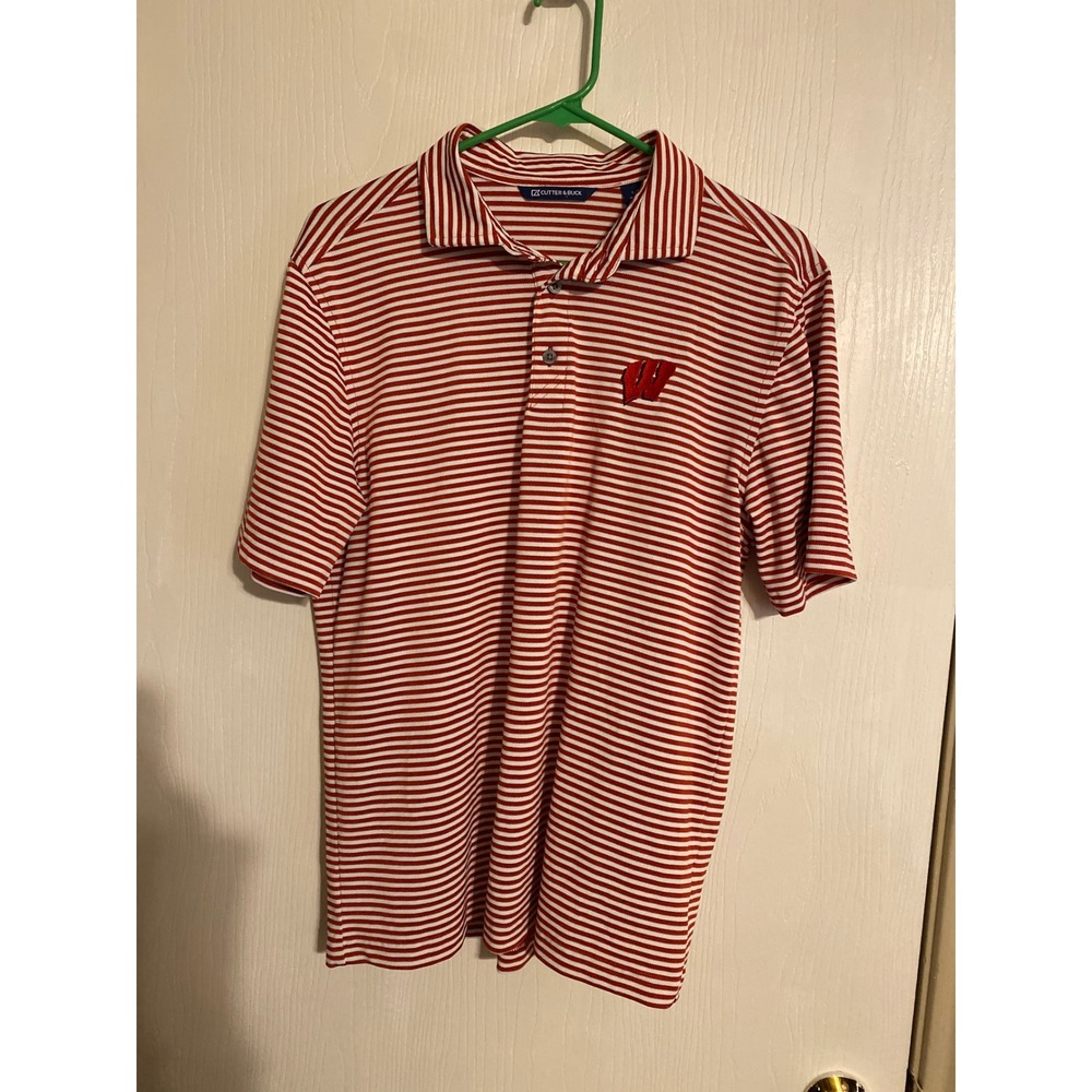 Cutter & Buck Wisconsin Badgers Mens Red White Striped Polo Shirt Golf Top Large